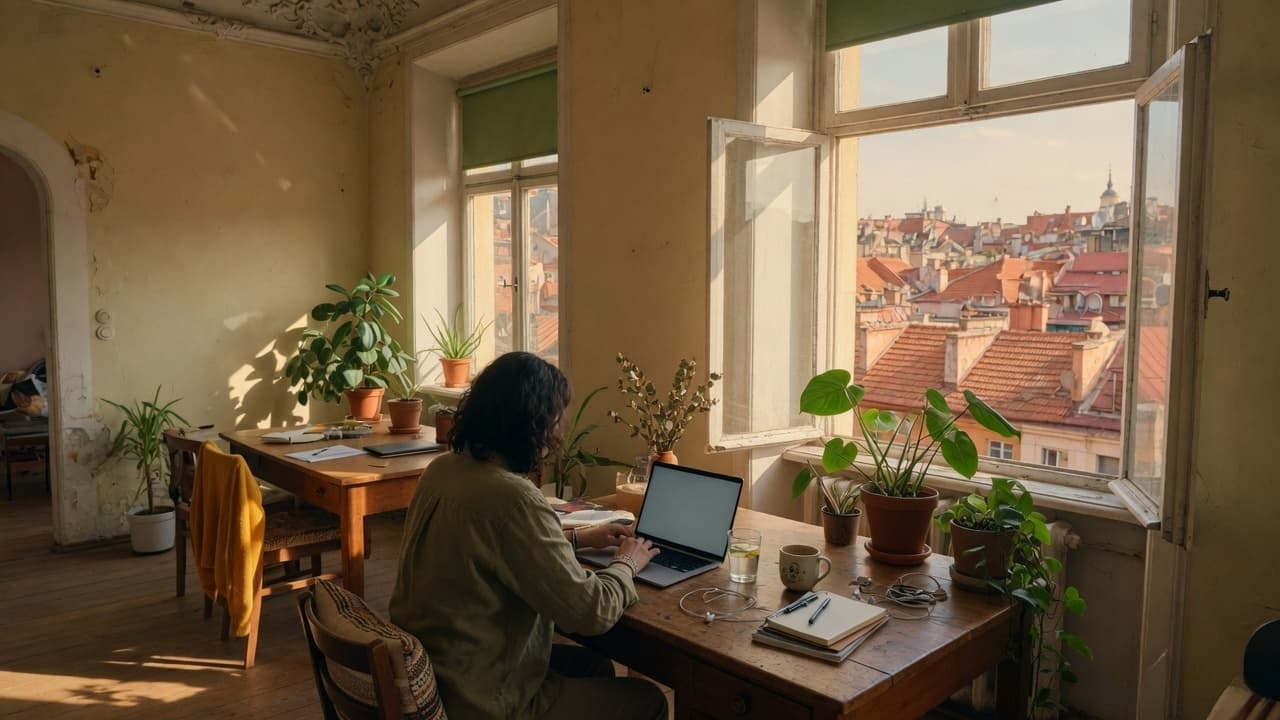 A wooden desk at a window above terracotta rooftops